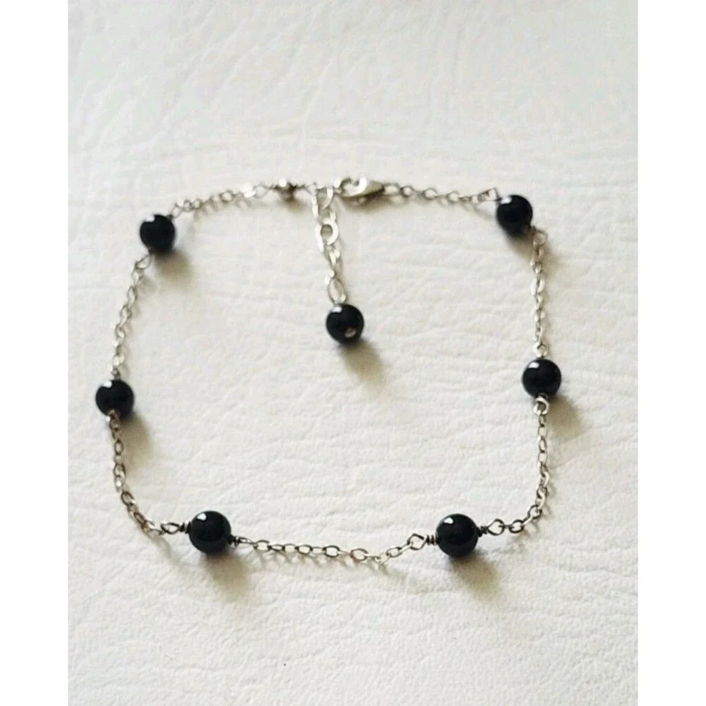 Sterling Silver 925 Onyx Station Anklet Bracelet